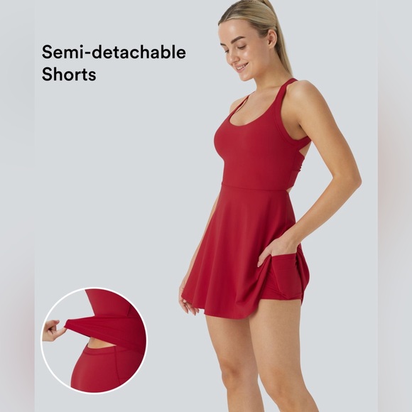 Halara Easy Peezy Backless Twisted Flare Active Dress 2-in-1 Salsa Red - Picture 1 of 10